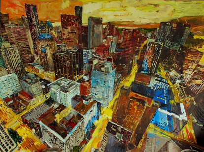 Last light over the city , first light in the sky oil 36x48 in.